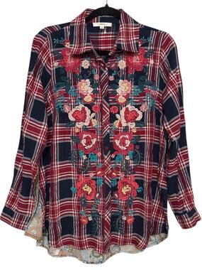 ANDREE BY UNIT Floral Plaid Embroidered Button Down Blouse Size S Mixed Media